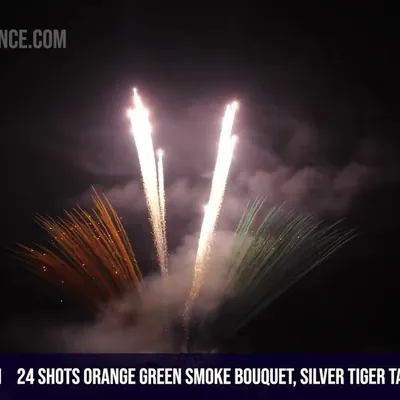 100 Shots Orange Green Smoke Bouquet, Silver Tiger Tail White Strobe