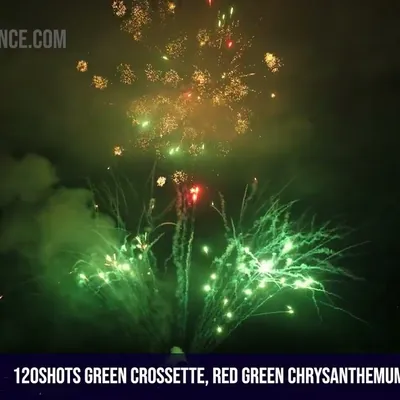 120Shots Green Crossette, Red Green Chrysanthemum with Red & Green