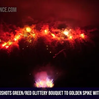 130Shots Green/Red Glittery Bouquet to Golden Spike With Red/Green/Blue