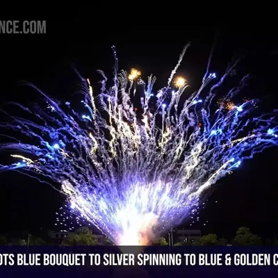 100Shots Blue bouquet to silver spinning to blue with golden chrysanthemum
